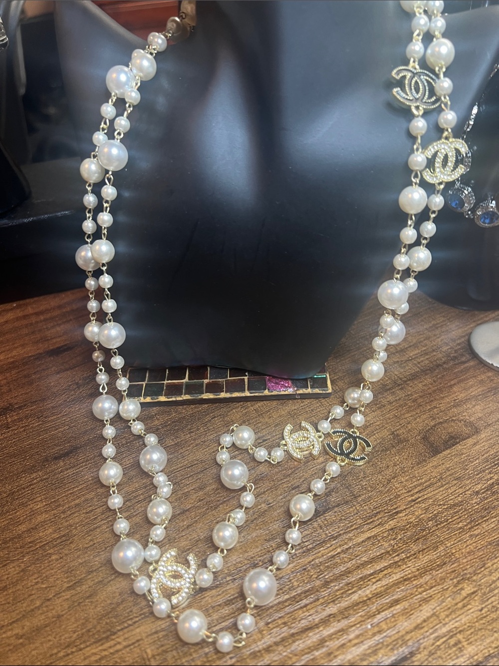 Gold-Accent White Pearl Station Necklace with Interlocking Logo Charms